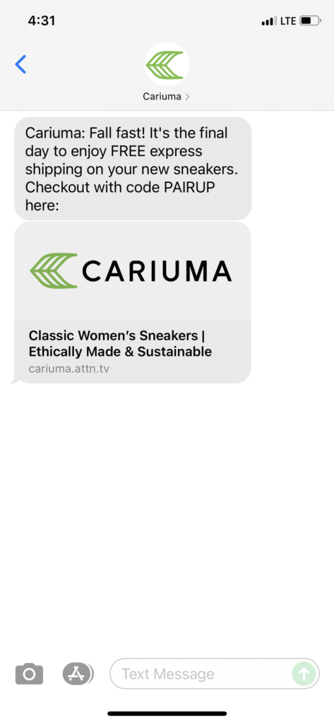 Cariuma Text Message Marketing Example - 10.19.2021