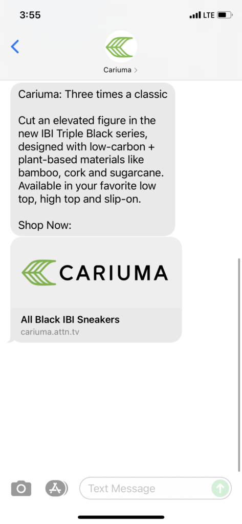 Cariuma Text Message Marketing Example - 10.20.2021