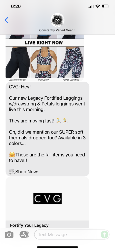 Constantly Varied Gear Text Message Marketing Example - 10.08.2021