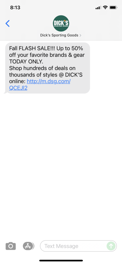 Dick's Sporting Goods Text Message Marketing Example - 09.29.2021