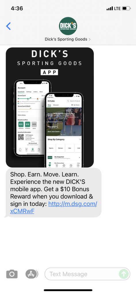 Dick's Sporting Goods Text Message Marketing Example - 10.19.2021