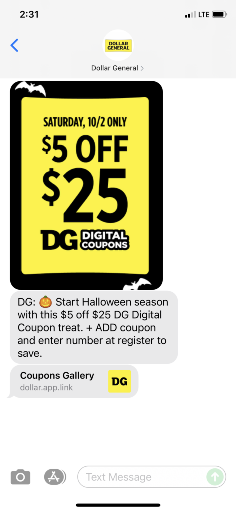 Dollar General Text Message Marketing Example - 10.02.2021