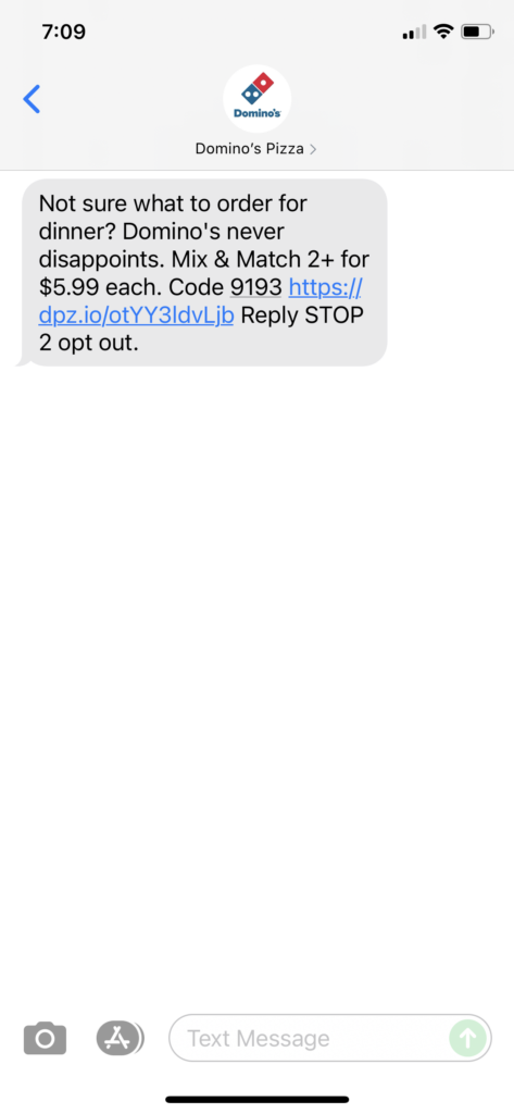 Domino's Text Message Marketing Example - 10.09.2021
