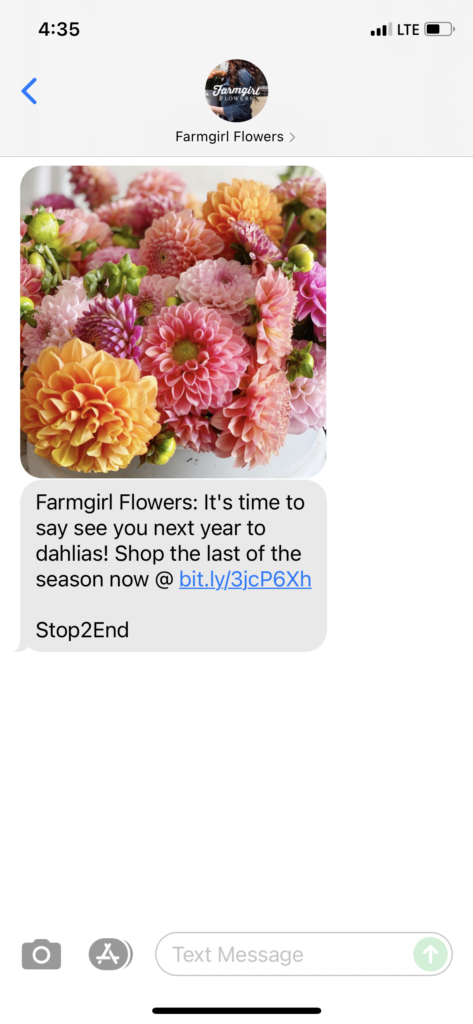 Farmgirl Flowers Text Message Marketing Example - 10.19.2021