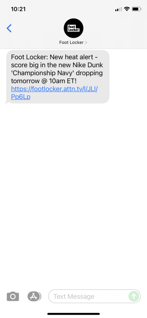 Foot Locker Text Message Marketing Example - 10.07.2021