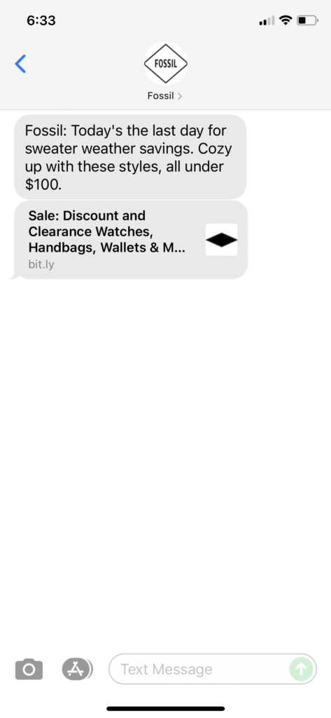 Fossil Text Message Marketing Example - 10.16.2021