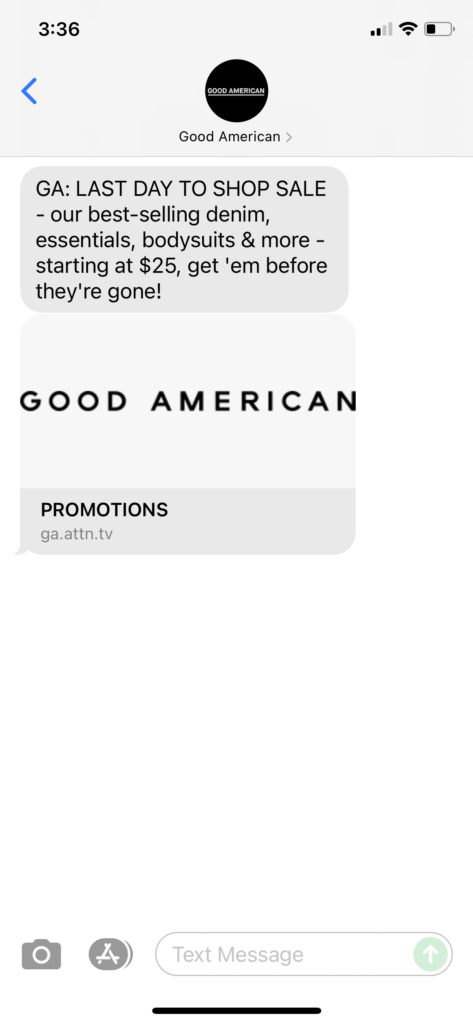 Good American Text Message Marketing Example - 10.11.2021