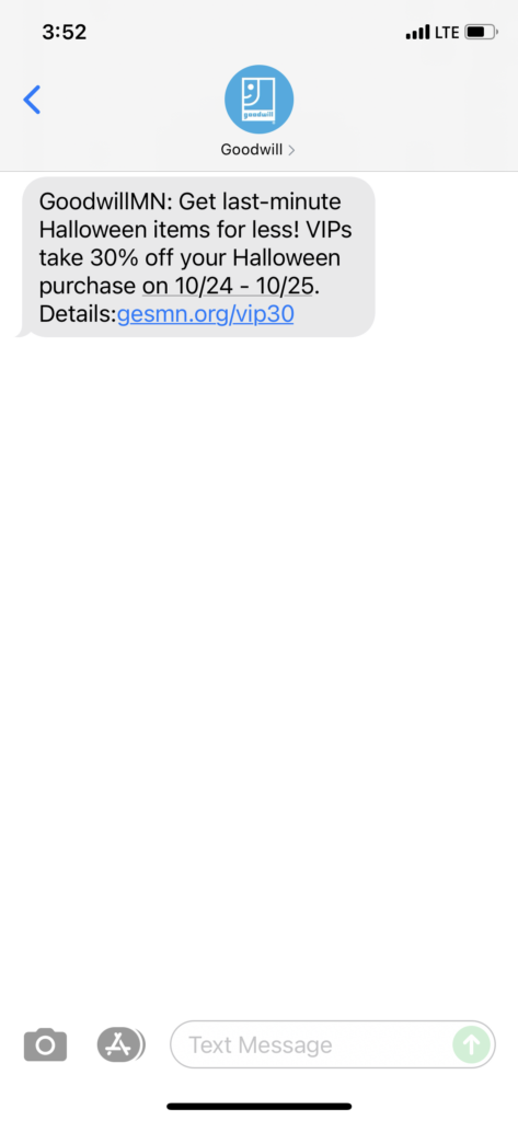 Goodwill Text Message Marketing Example - 10.21.2021