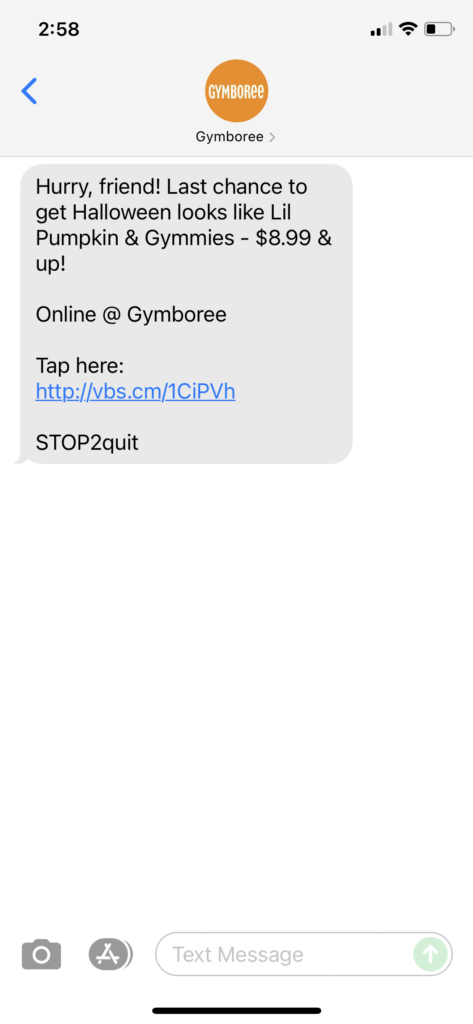 Gymboree Text Message Marketing Example - 10.14.2021