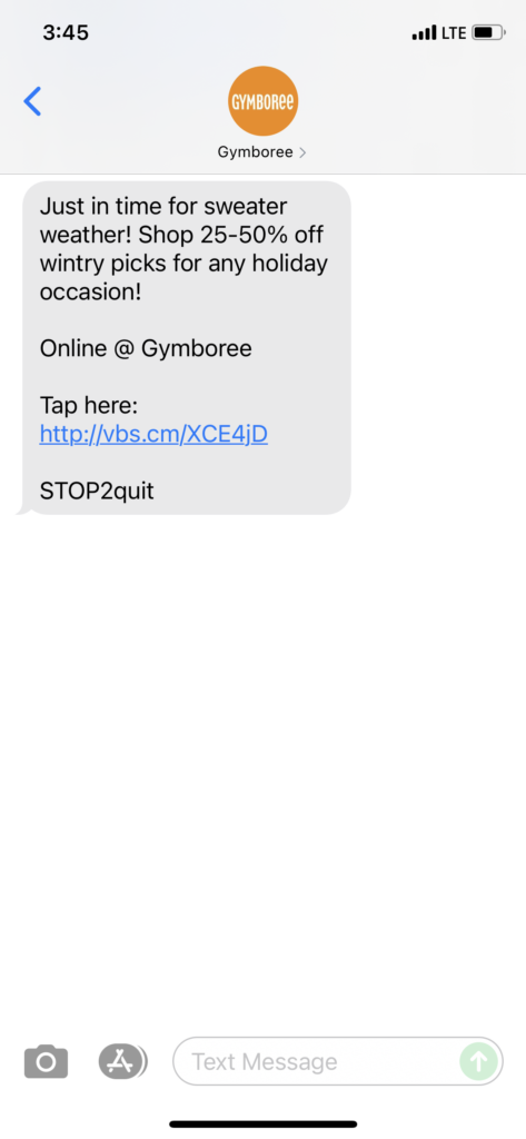 Gymboree Text Message Marketing Example - 10.21.2021