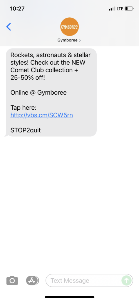Gymboree Text Message Marketing Example - 10.26.2021