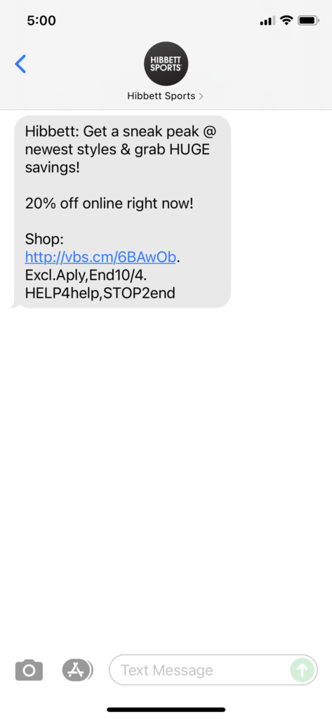 Hibbett Text Message Marketing Example - 10.03.2021