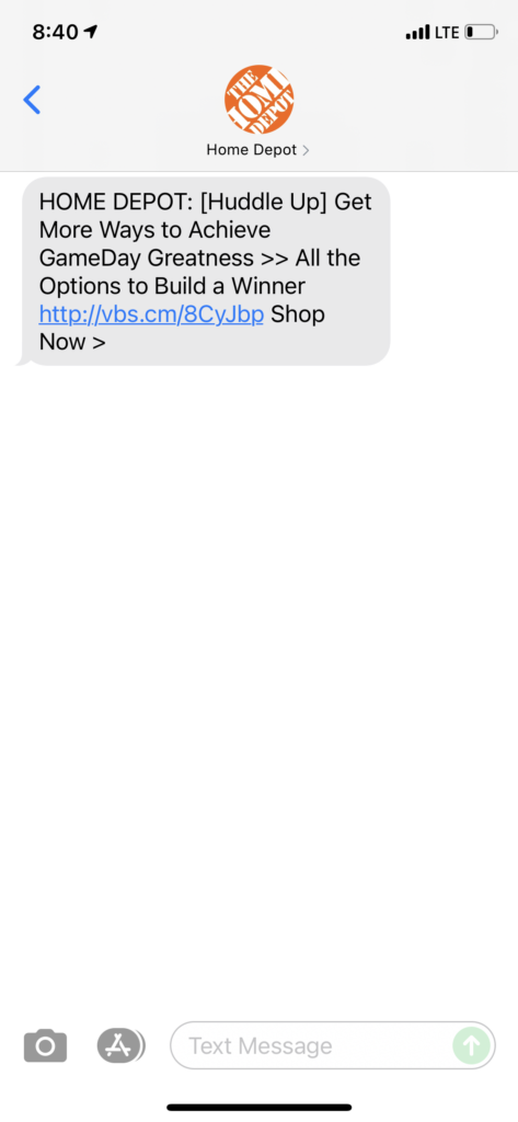 Home Depot Text Message Marketing Example - 09.30.2021