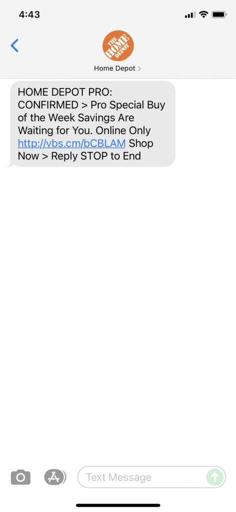 Home Depot Text Message Marketing Example - 10.04.2021
