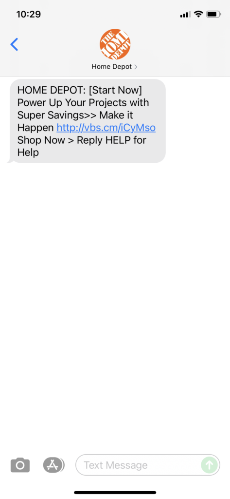 Home Depot Text Message Marketing Example - 10.07.2021