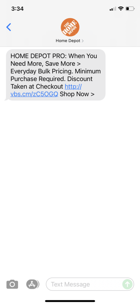 Home Depot Text Message Marketing Example - 10.11.2021