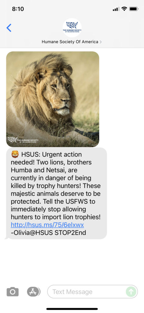 Humane Society of America Text Message Marketing Example - 09.29.2021