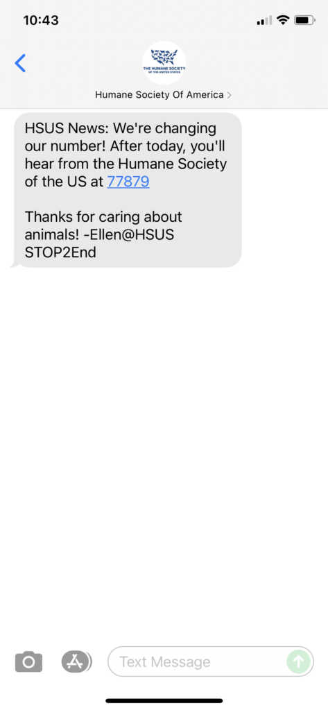 Humane Society of America Text Message Marketing Example - 10.07.2021
