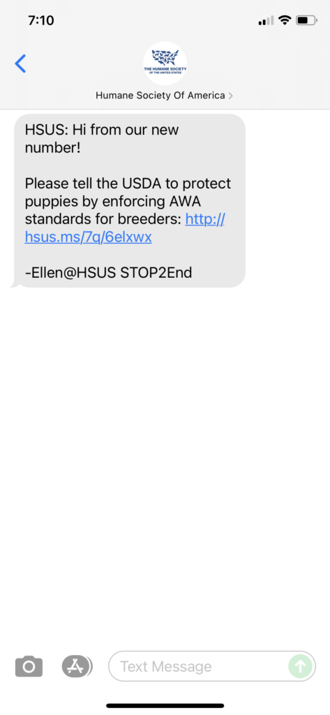 Humane Society of America Text Message Marketing Example - 10.09.2021
