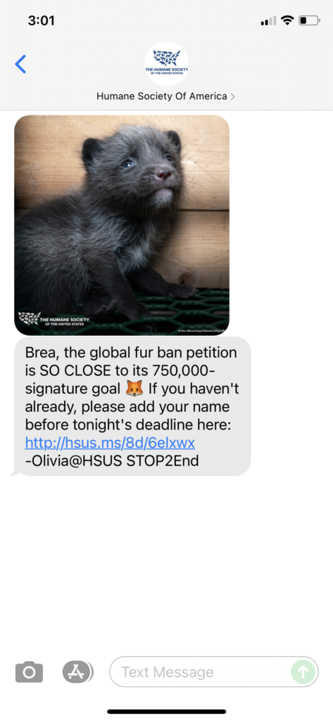 Humane Society of America Text Message Marketing Example - 10.14.2021