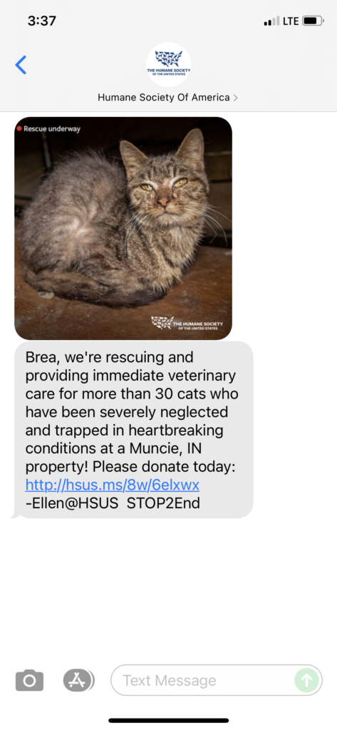 Humane Society of America Text Message Marketing Example - 10.18.2021