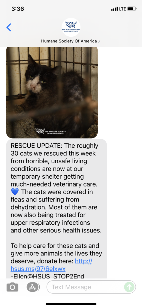Humane Society of America Text Message Marketing Example - 10.22.2021