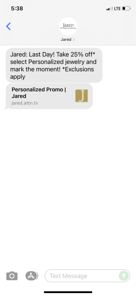 Jared Text Message Marketing Example - 10.09.2021