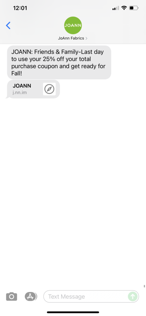 JoAnn Fabrics Text Message Marketing Example - 10.02.2021