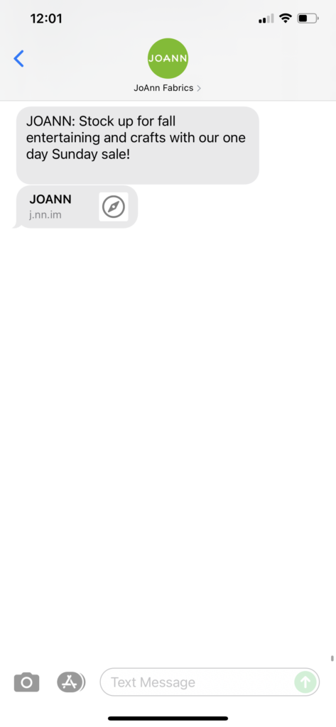 JoAnn Fabrics Text Message Marketing Example - 10.03.2021