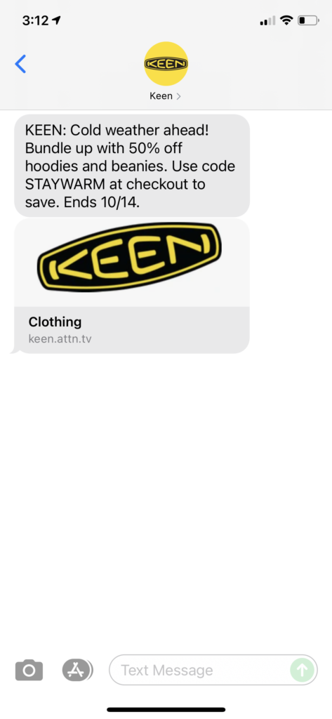 Keen Text Message Marketing Example - 10.13.2021