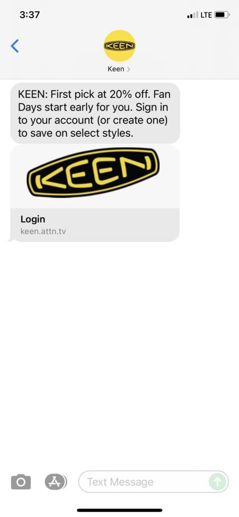 Keen Text Message Marketing Example - 10.18.2021
