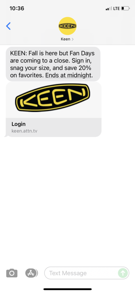 Keen Text Message Marketing Example - 10.25.2021