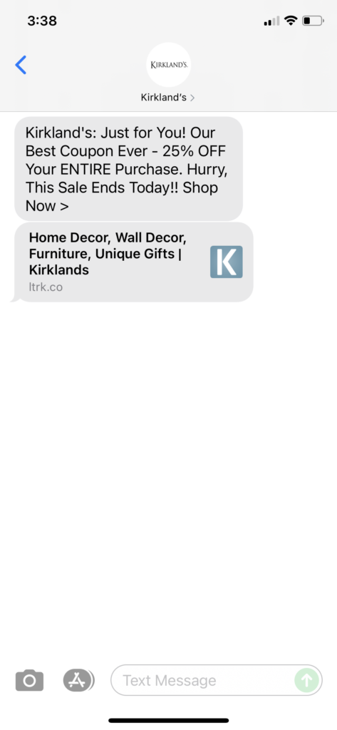 Kirkland's Text Message Marketing Example - 10.11.2021