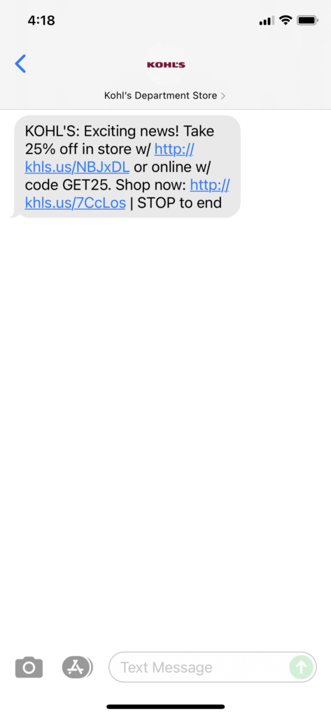 Kohl's Text Message Marketing Example - 10.05.2021