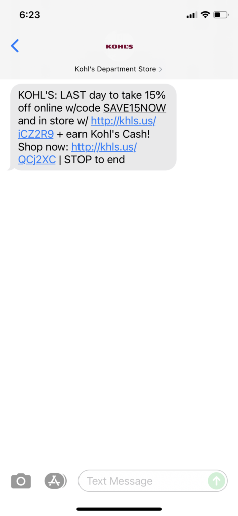 Kohl's Text Message Marketing Example - 10.17.2021