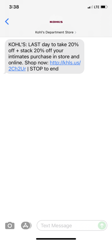 Kohl's Text Message Marketing Example - 10.18.2021