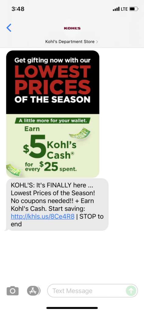 Kohl's Text Message Marketing Example - 10.21.2021