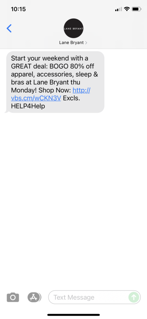 Lane Bryant Text Message Marketing Example - 10.08.2021