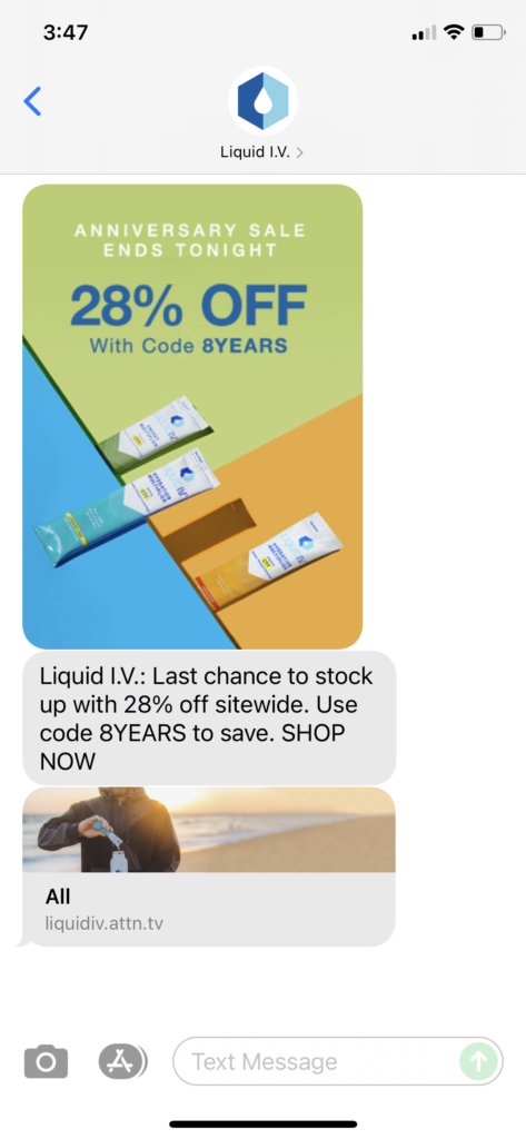 Liquid IV Text Message Marketing Example - 10.10.2021