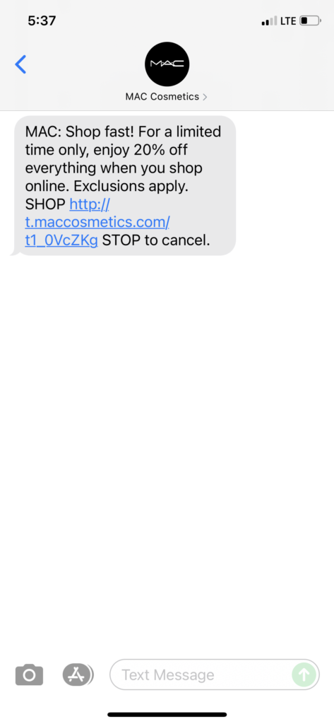 MAC Cosmetics Text Message Marketing Example - 10.09.2021