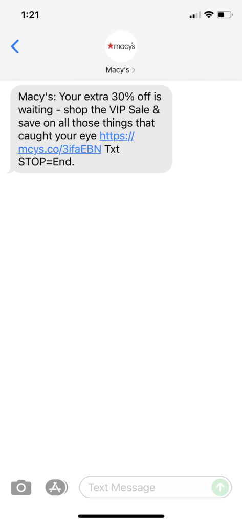 Macy's Text Message Marketing Example - 09.30.2021