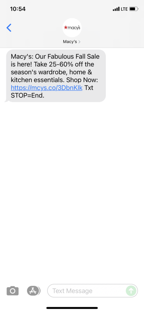 Macy's Text Message Marketing Example - 10.06.2021