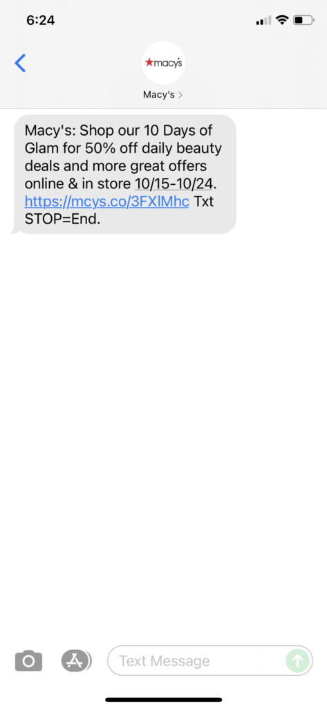 Macy's Text Message Marketing Example - 10.17.2021