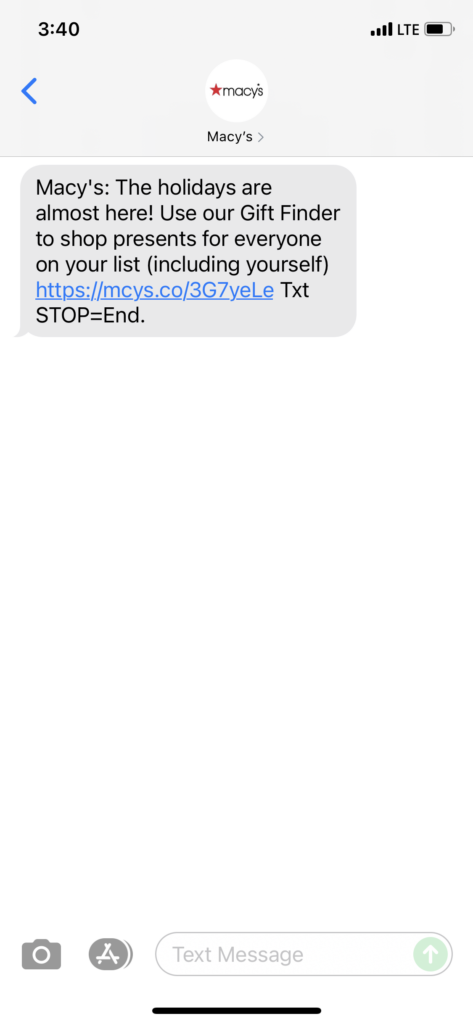 Macy's Text Message Marketing Example - 10.22.2021