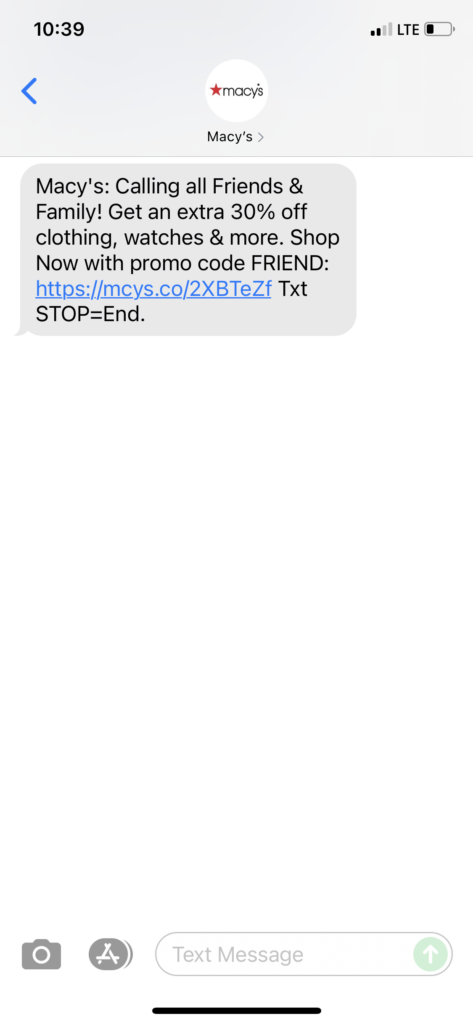 Macy's Text Message Marketing Example - 10.25.2021