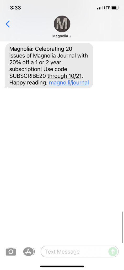 Magnolia Text Message Marketing Example - 10.18.2021