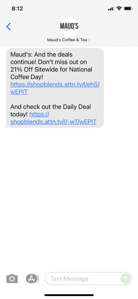 Maud's Coffee & Tea Text Message Marketing Example - 09.29.2021