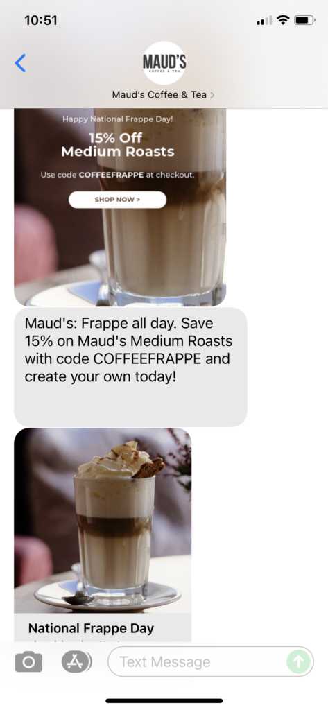 Maud's Coffee & Tea Text Message Marketing Example - 10.06.2021