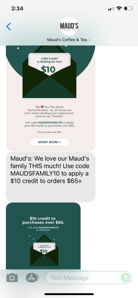 Maud's Coffee & Tea Text Message Marketing Example - 10.11.2021