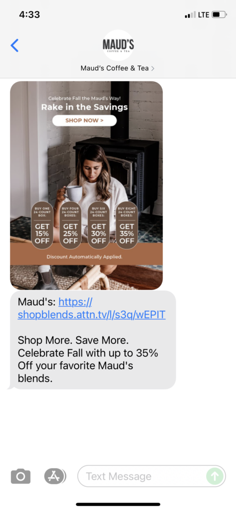 Maud's Coffee & Tea Text Message Marketing Example - 10.19.2021